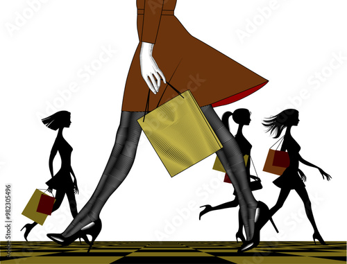 Stepping legs of a woman in tights and high-heeled shoes with a shopping bag on a chessboard in perspective against the silhouettes of shopping girls. Vector illustration in vintage engraving style