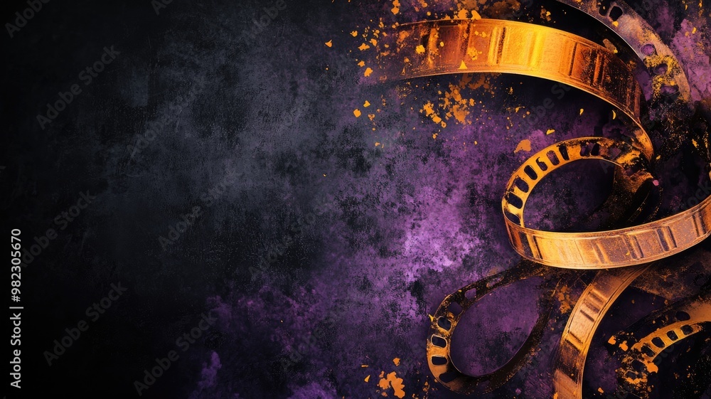 Naklejka premium Golden film reels on purple textured background