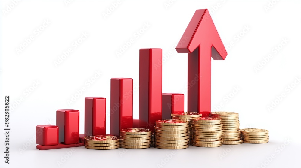 A striking graphic depicting financial growth with red bars increasing over gold coins, symbolizing economic success and investment. Public debt on economic growth. A striking graphic depicting financial growth with red bars increasing over gold coins, symbolizing economic success and investment. Public debt on economic growth.