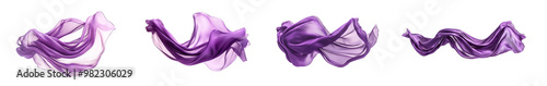 Blowing purple cloth set. Collection of floating textile. Cloth fabric in various shapes, ripples and wrinkles. Luxury silk, satin tissue. Transparent background PNG