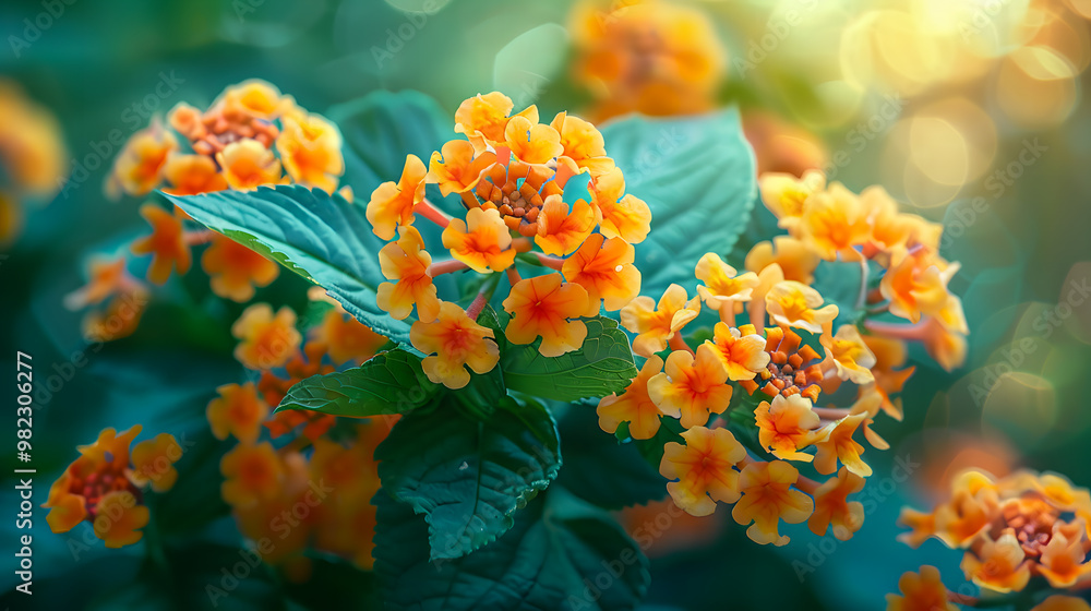 A dense cluster of lantana flowers in various shades of orange and yellow A dense cluster of lantana flowers in various shades of orange and yellow