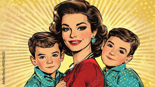 Young retro mom with two boys, illustrated in a pop art retro vector style.