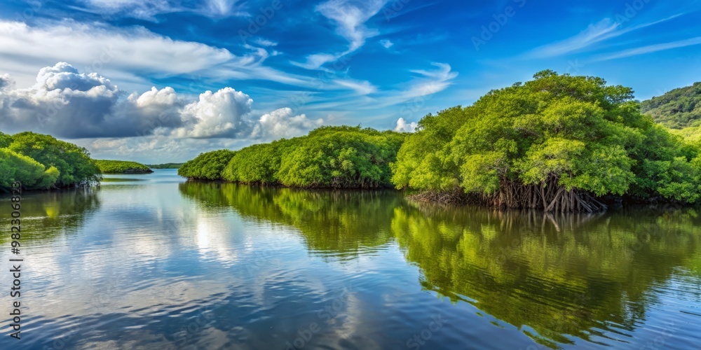 Fototapeta premium Mangrove trees stretch towards the sky, their tangled roots flowing like a verdant snake through the waters, a