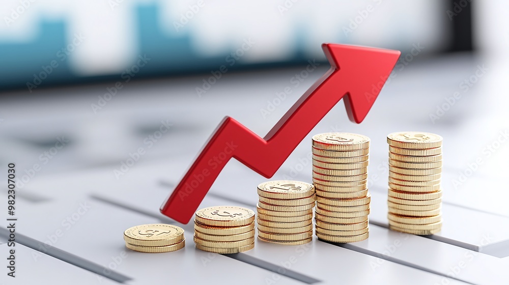 A visual representation of financial growth, featuring stacks of coins and an upward arrow symbolizing profit and investment success. Public debt on economic growth. A visual representation of financial growth, featuring stacks of coins and an upward arrow symbolizing profit and investment success. Public debt on economic growth.