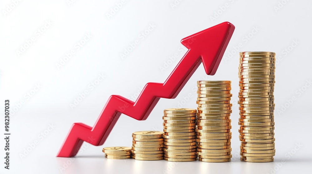 A visual representation of financial growth, featuring stacks of coins and an upward trending arrow symbolizing success and profitability. Public debt on economic growth.