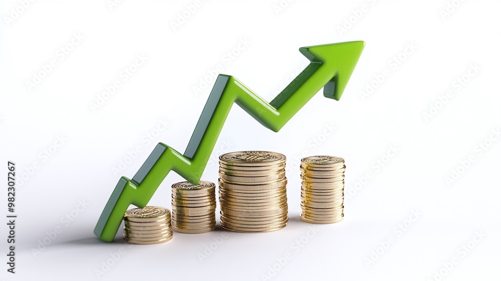 A visual representation of financial growth with a rising arrow and stacked coins, symbolizing investment success and profitability. A visual representation of financial growth with a rising arrow and stacked coins, symbolizing investment success and profitability.