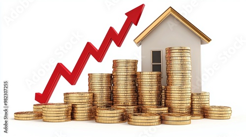 A visual representation of financial growth, featuring stacked coins, a house, and an upward arrow signifying increasing value. Real estate and property crisis concept.