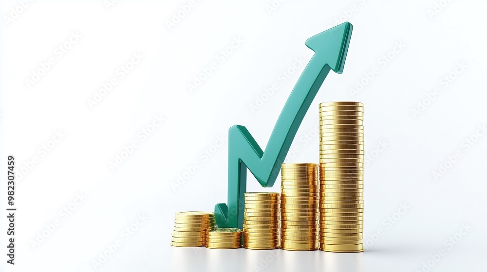 A visual representation of financial growth with stacked coins and an upward arrow symbolizing investment success. A visual representation of financial growth with stacked coins and an upward arrow symbolizing investment success.