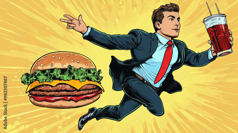 Businessman flying with fast food, a burger and cola, illustrated in a pop art retro vector style with comic cartoon kitsch drawing. Businessman flying with fast food, a burger and cola, illustrated in a pop art retro vector style with comic cartoon kitsch drawing.