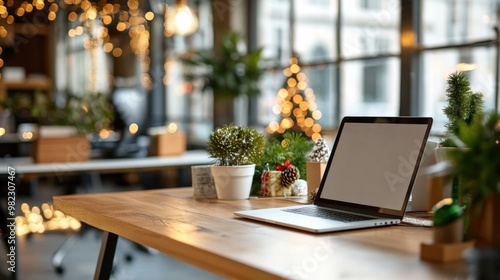 Open office space decorated for Christmas holidays with trees and ornaments, creating warm and festive atmosphere at workplace