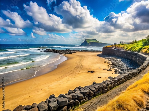 Golden sand beach at Hyeopjae Beach, Jeju Island, South Korea, stone walls shielding unique black volcanic sand from wind and waves. photo