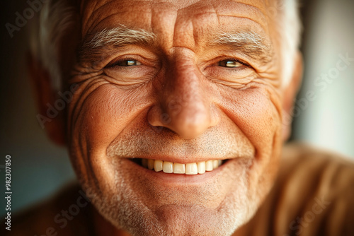 Optimistic healthy older man close up cropped face view. Dentures, prosthesis, dental clinic service