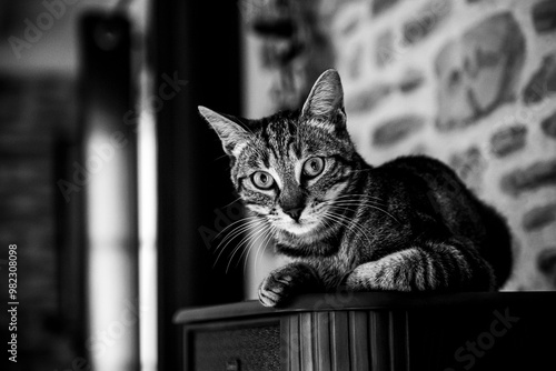 Portrait d'un jeune chat tigré gris allongé sur un meuble dans la maison photo