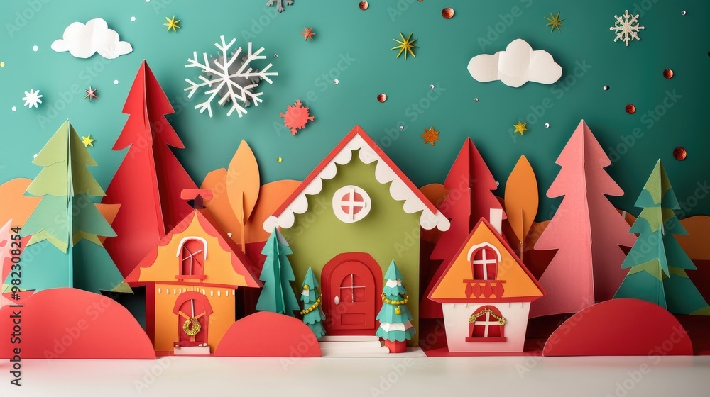 Winter Christmas Landscape Background with snow covered hills, houses, in fir forest with wooden banner. Christmas holidays Winter Christmas Landscape Background with snow covered hills, houses, in fir forest with wooden banner. Christmas holidays
