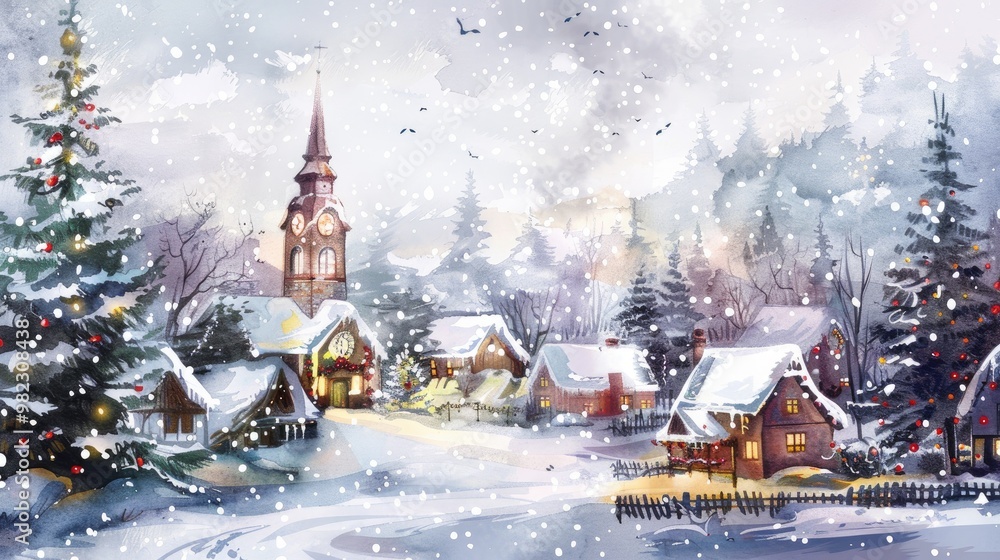 Fototapeta premium Watercolor winter landscape. Hand painted christmas forest with cozy houses, fir tree, snow, snowflakes. New year forest. illustration for card design, print. Landscape