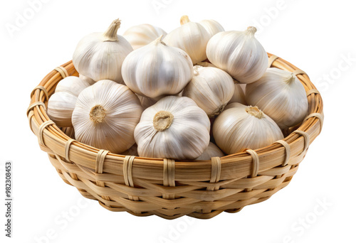 Basket of garlic bulbs isolated with transparent background. photo