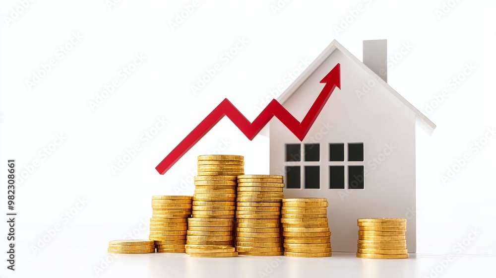 Concept of real estate investment showing a house with rising graph and stacks of coins, symbolizing growth in property value. Real estate and property crisis concept. Concept of real estate investment showing a house with rising graph and stacks of coins, symbolizing growth in property value. Real estate and property crisis concept.