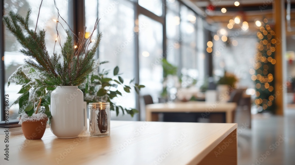 Open office space decorated for Christmas holidays with trees and ornaments, creating warm and festive atmosphere at workplace Open office space decorated for Christmas holidays with trees and ornaments, creating warm and festive atmosphere at workplace