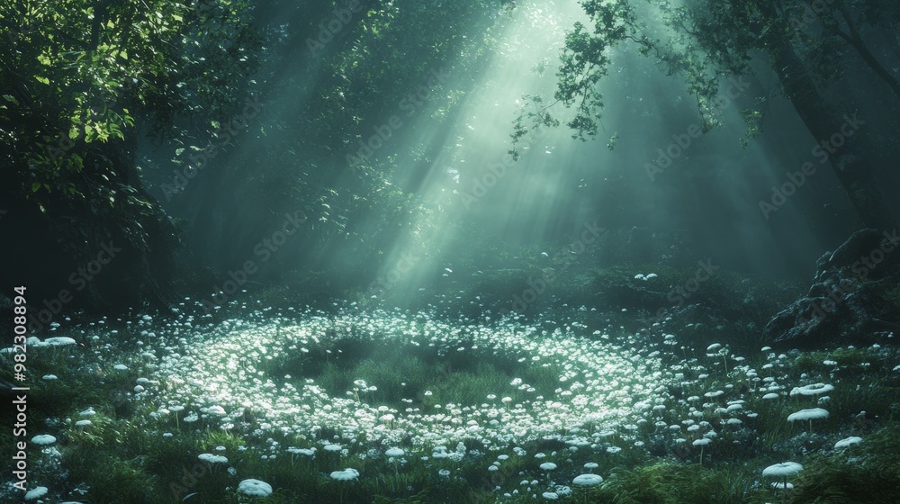 A fairy ring of mushrooms in a fog-laden forest clearing, illuminated softly by the mist, creating a dreamlike, magical scene, delicate light breaking through the canopy