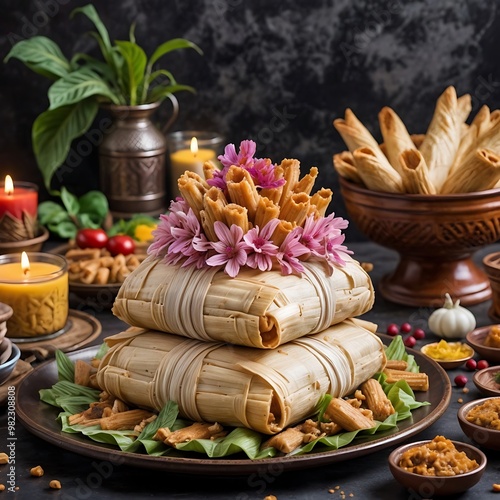 Guajolocombo tradicional: tamales mexicanos en torta acompañados de atole en el dia de muertos photo