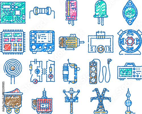 engineer worker industry doodle icons set vector. sketch line art technician work, maintenance electric, electrician technology, energy computer engineer worker industry color illustrations