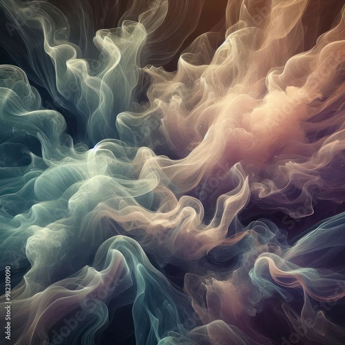 Soft, wispy trails of smoke rise and twirl through the air, blending hues of lavender, teal, and gold, creating a dreamlike, ethereal background of flowing, translucent forms.