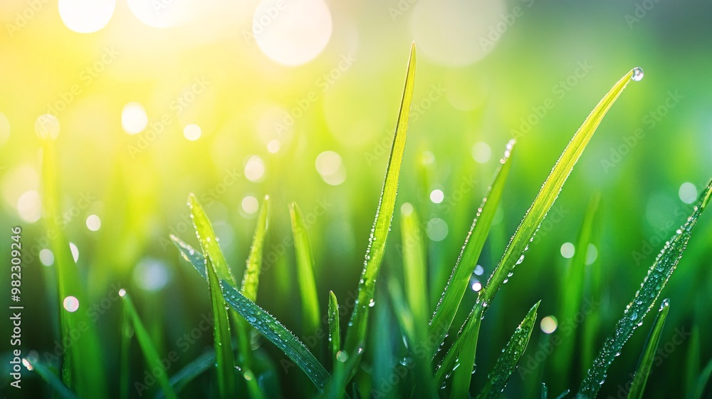 Fototapeta premium Close-up of Dew-Covered Grass Blades with a Soft, Blurred Background