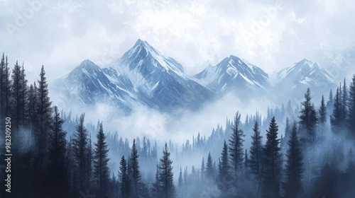 This 2D illustration captures the serene beauty of the Canadian wilderness, featuring majestic mountains shrouded in fog. The digital art style reflects a handmade quality, showcasing soft brush strok