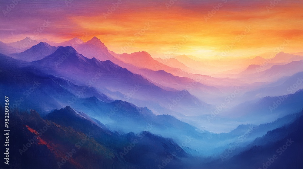 Obraz premium Abstract Oil Painting of Mountains at Sunset