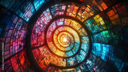 A futuristic dome-shaped building with stained-glass windows glowing in vibrant hues, the intricate glasswork forming a mesmerizing circular pattern of abstract art