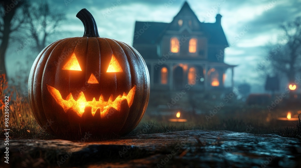 Halloween pumpkin with candlelight in front of a haunted house background, Halloween pumpkin with candlelight in front of a haunted house background,