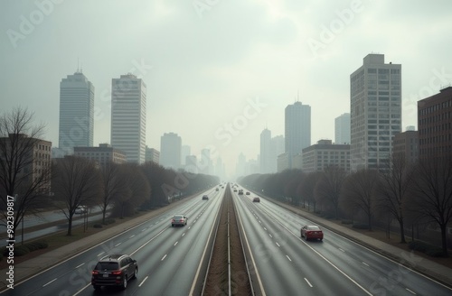  An urban landscape where buildings, roads and cars are visible. However, everything is covered with a layer of dust and dirt. The sky above the city looks majestic and gloomy. Environmental 