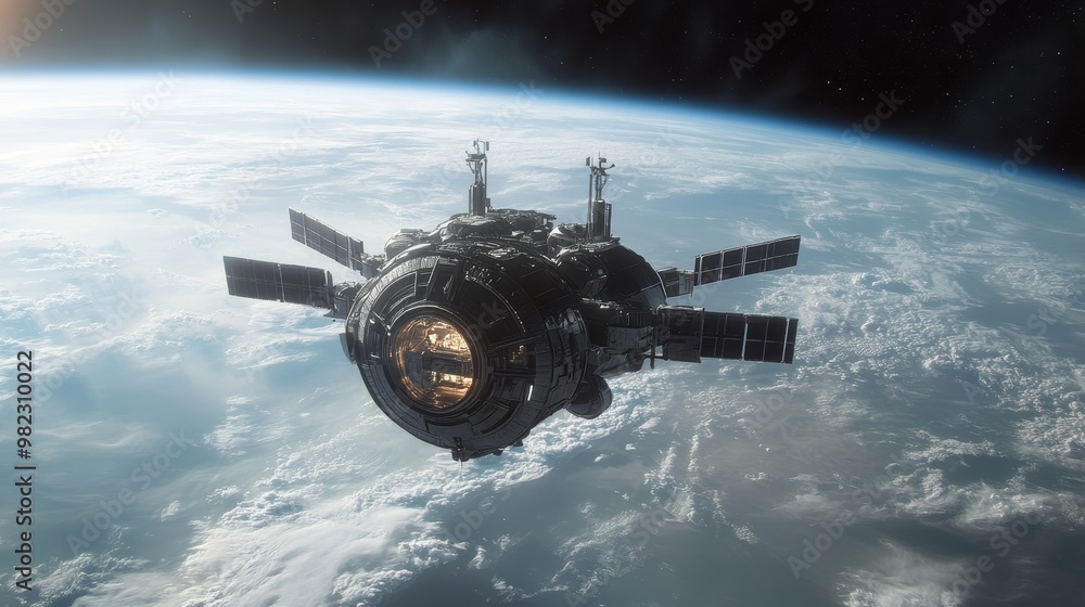 A futuristic space station with a circular living module orbiting Earth A futuristic space station with a circular living module orbiting Earth