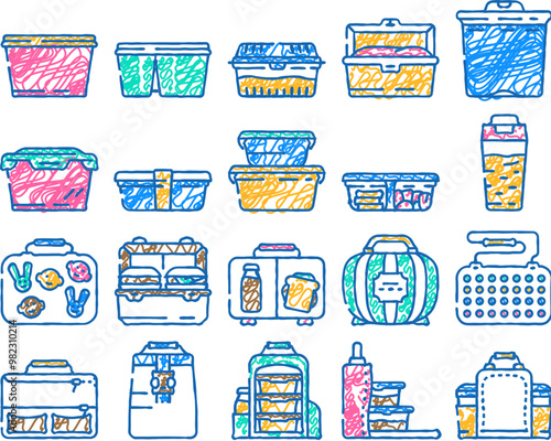 lunch school food box lunchbox doodle icons set vector. sketch line art snack meal, sandwich healthy, container apple bag, kid children plastic green lunch school food box lunchbox color illustrations