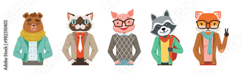 People Character with Animal Heads and Trendy Clothes Vector Set