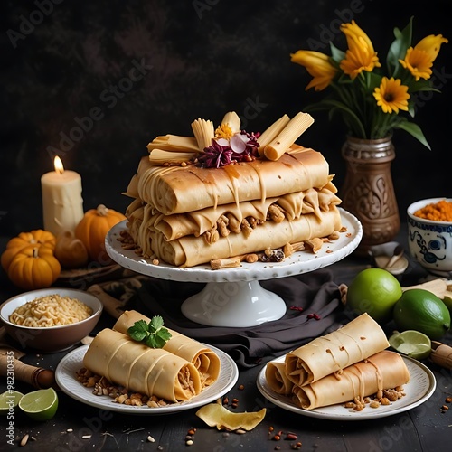 Guajolocombo tradicional: tamales mexicanos en torta acompañados de atole en el dia de muertos photo