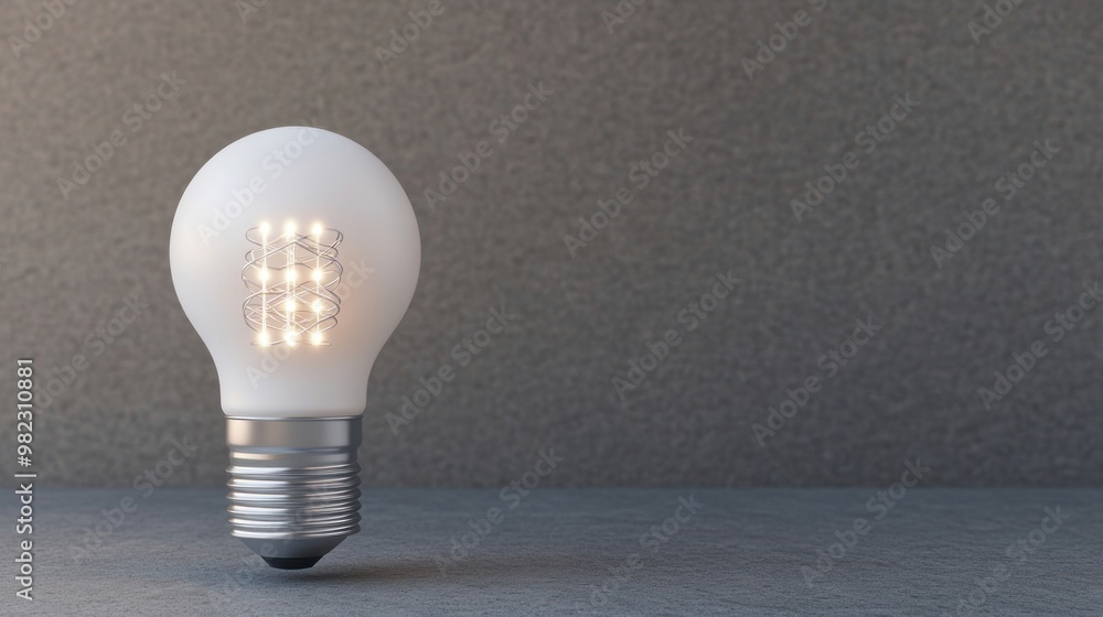 A glowing LED light bulb stands upright on a surface, showcasing modern design against a textured gray background. A glowing LED light bulb stands upright on a surface, showcasing modern design against a textured gray background.