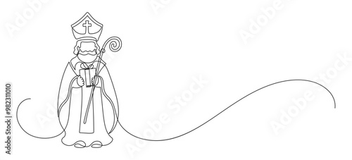 Happy Saint Nicholas Day. St. Nicolas holding gift. Continuous line drawing frame border. Winter holiday.