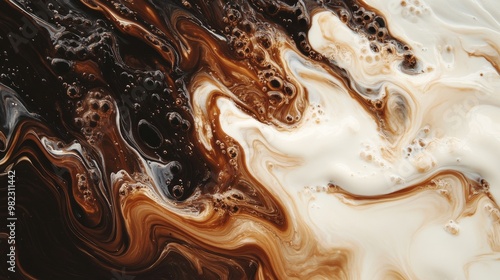 Swirling Abstract Pattern of Brown and White Liquid with Bubbles