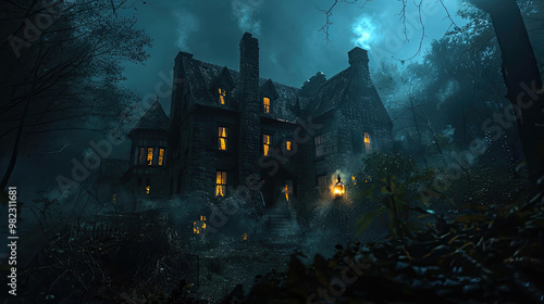 Spooky haunted house in a misty forest during nighttime with eerie lighting