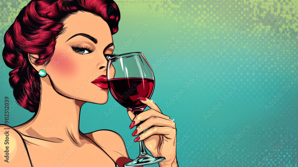 Woman enjoying a glass of red wine, depicted in a pop art retro vector illustration. Woman enjoying a glass of red wine, depicted in a pop art retro vector illustration.