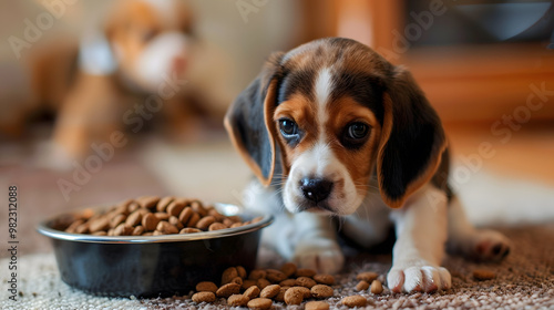 A small cute beagle puppy near a bowl of food. AI Generated