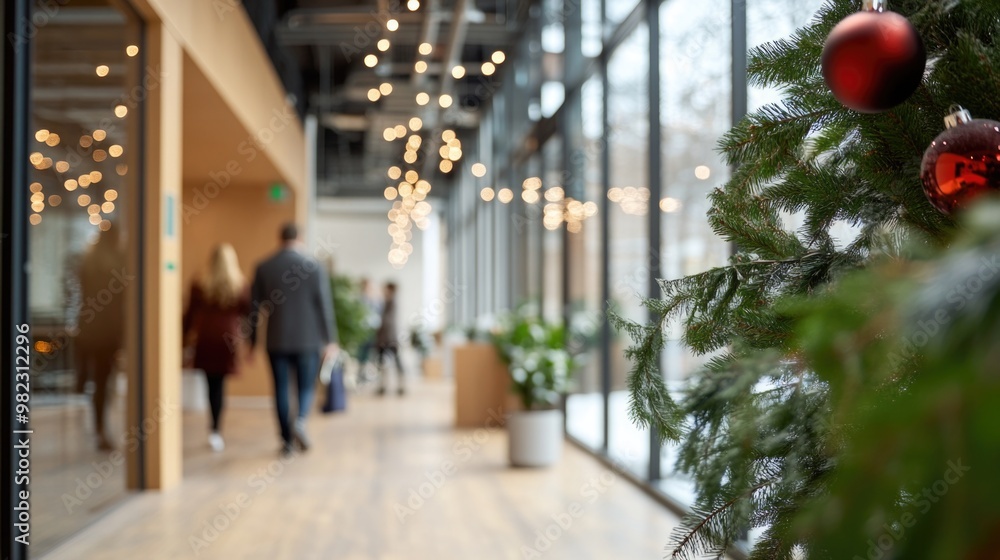 Obraz premium Open office space decorated for Christmas holidays with trees and ornaments, creating warm and festive atmosphere at workplace