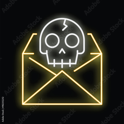 Glowing neon sign representing a skull emerging from an open envelope on a black background