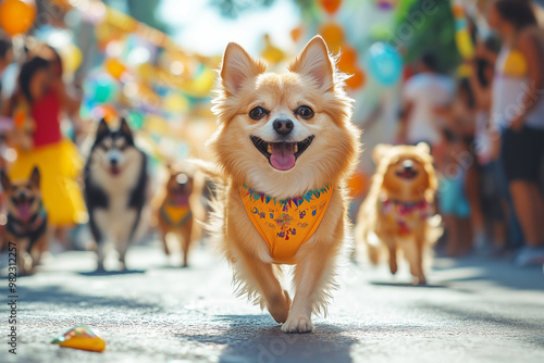 Playful Chihuahua waliking with Alert Ears in a city. Concept of Small Dog, Pet Adventure, Canine Agility, Energetic Movement
 photo