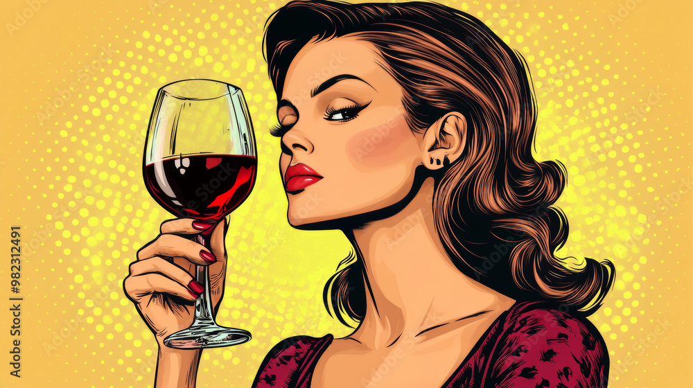 Woman enjoying a glass of red wine, depicted in a pop art retro vector illustration. Woman enjoying a glass of red wine, depicted in a pop art retro vector illustration.