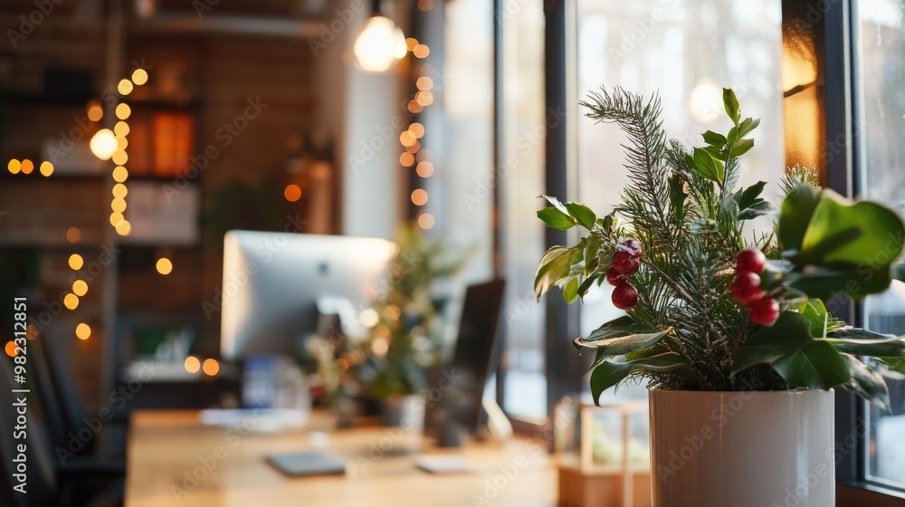 Open office space decorated for Christmas holidays with trees and ornaments, creating warm and festive atmosphere at workplace Open office space decorated for Christmas holidays with trees and ornaments, creating warm and festive atmosphere at workplace