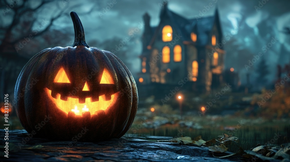 Halloween pumpkin with candlelight in front of a haunted house background, Halloween pumpkin with candlelight in front of a haunted house background,