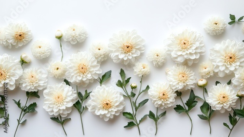 Elegant White Flowers with Green Leaves on White Background