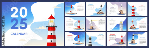 Calendar 2025 horizontal template, lighthouse on the island by the sea design. Week start On Sunday, planner, stationary, wall calendar. Vector illustration